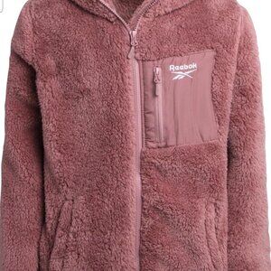 Reebok Women's Hooded Sherpa Fleece Jacket- Soft Pink Full Zip Coat (L)
